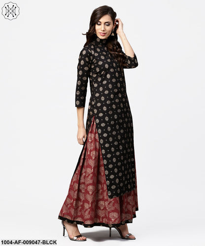 Black Printed 3/4Th Sleeve Cotton Kurta With Red Printed Flared Skirt