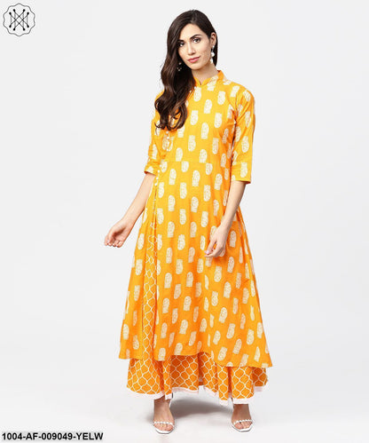 Yellow Printed 3/4Th Sleeve Cotton A-Line Kurta With Flared Ankle Length Skirt