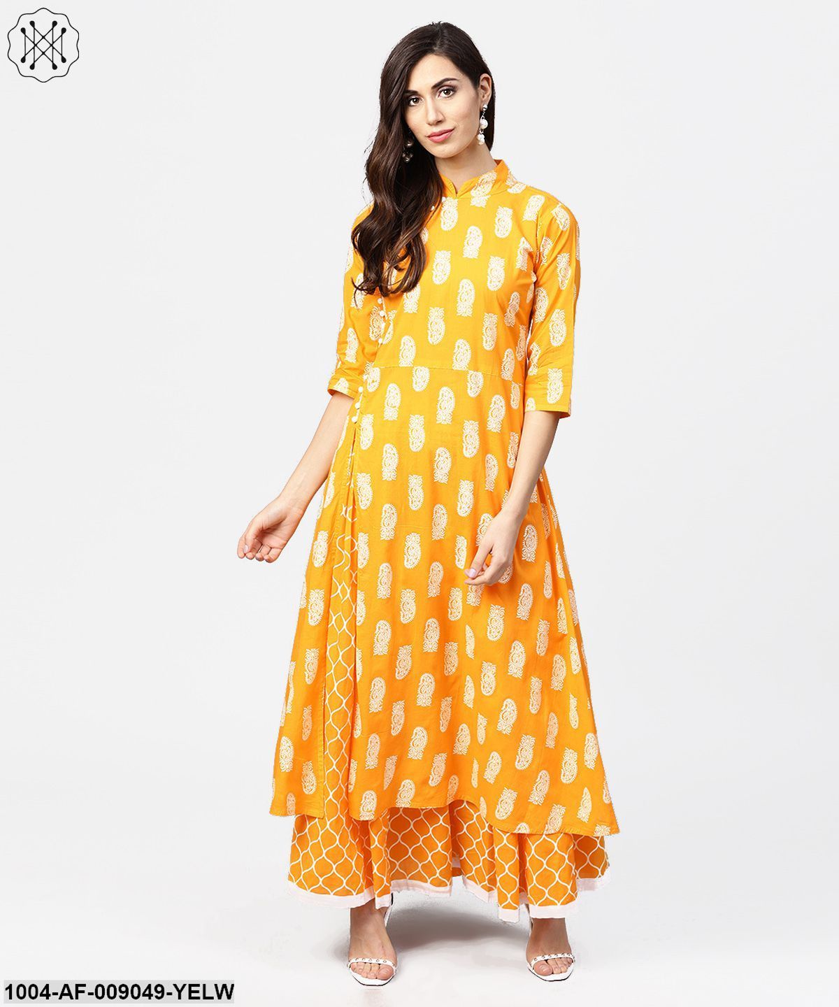 Yellow Printed 3/4Th Sleeve Cotton A-Line Kurta With Flared Ankle Length Skirt