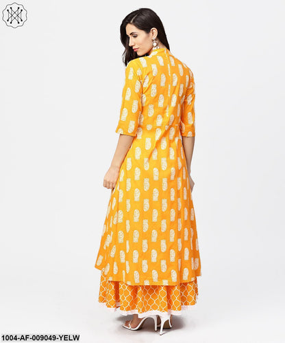 Yellow Printed 3/4Th Sleeve Cotton A-Line Kurta With Flared Ankle Length Skirt