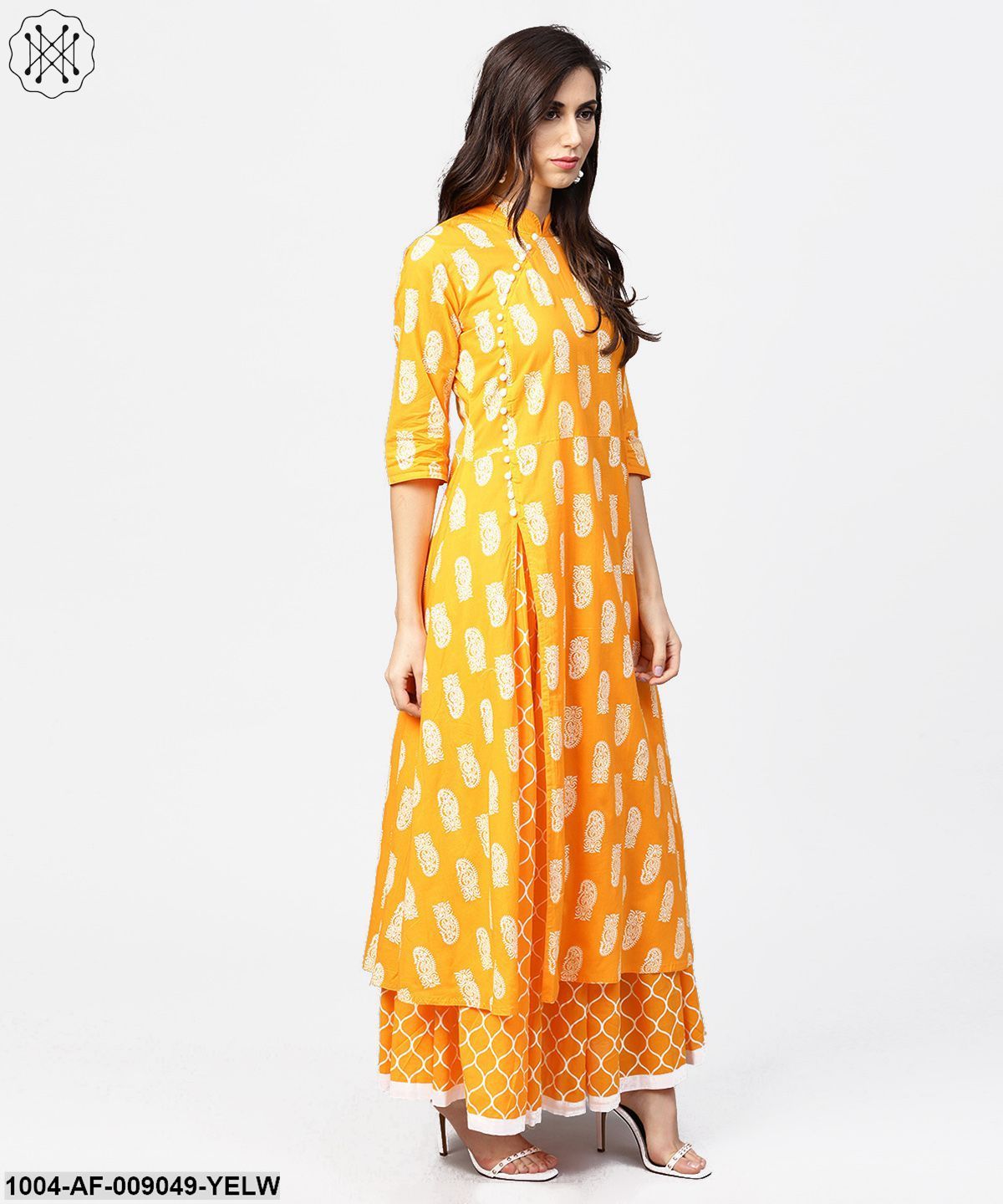 Yellow Printed 3/4Th Sleeve Cotton A-Line Kurta With Flared Ankle Length Skirt