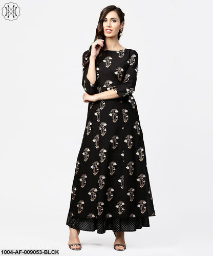 Black Printed 3/4Th Sleeve Cotton Kurta With Printed Skirt