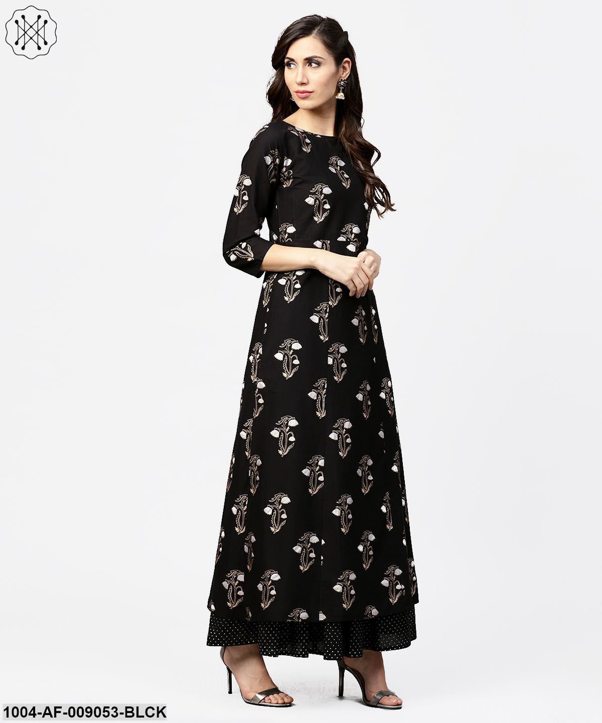 Black Printed 3/4Th Sleeve Cotton Kurta With Printed Skirt