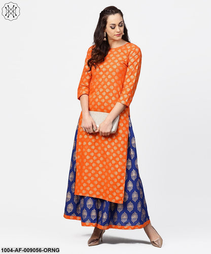 Orange Printed 3/4Th Sleeve Cotton Kurta With Blue Printed Flared Ankle Length Skirt