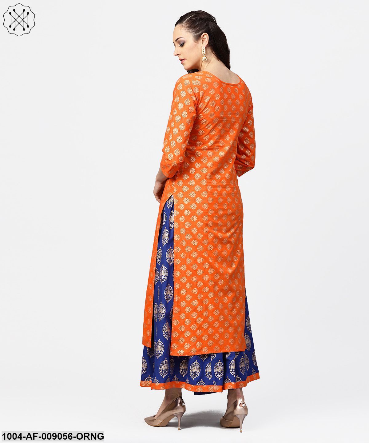 Orange Printed 3/4Th Sleeve Cotton Kurta With Blue Printed Flared Ankle Length Skirt