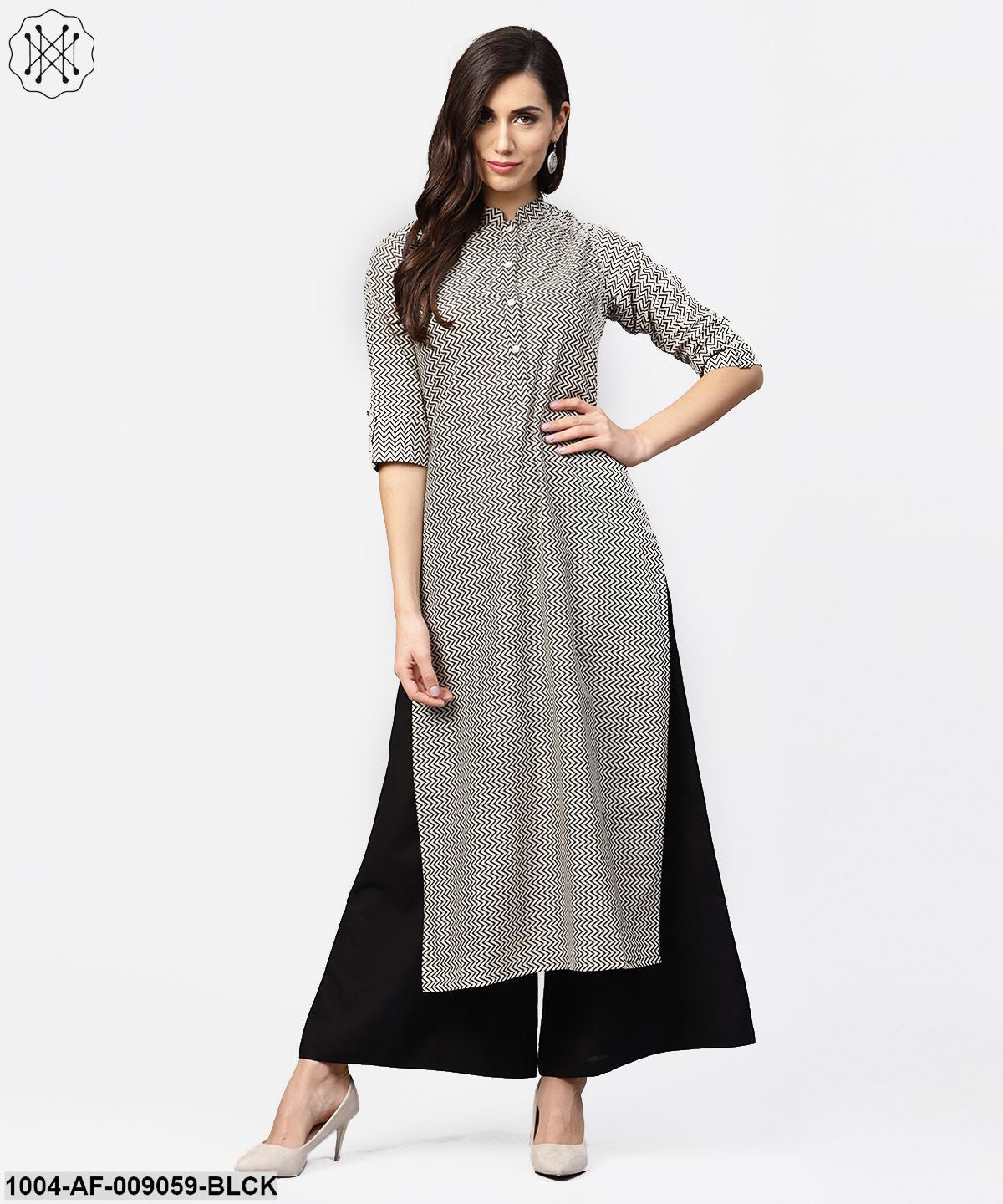 Black Zig Zag Printed 3/4Th Sleeve Cotton Kurta With Black Knee Length Palazzo