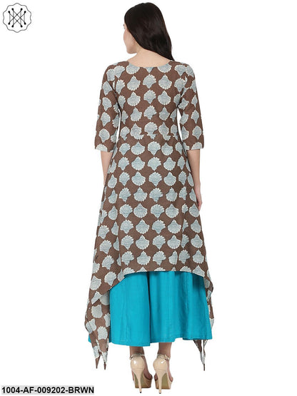 Coffee Brown Printed Half Sleeve Cotton Low High Kurta With Blue Flared Skirt