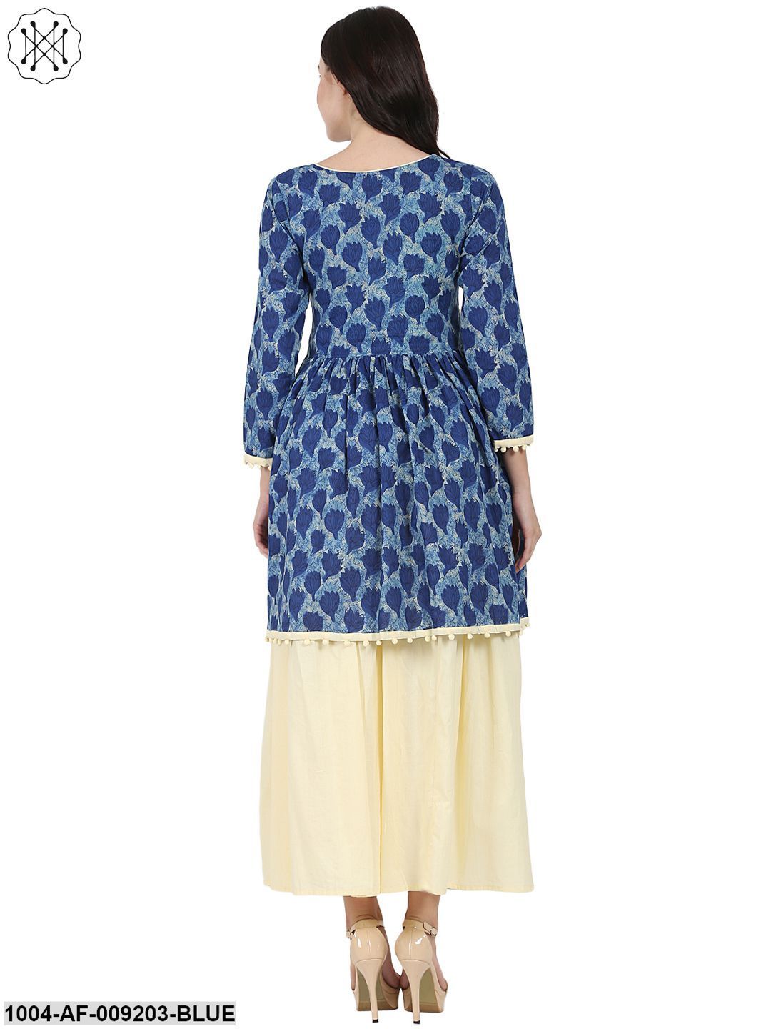 Blue Printed 3/4Th Sleeve Cotton Anarkali Kurta With Beige Flared Skirt