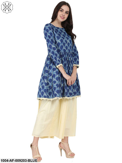 Blue Printed 3/4Th Sleeve Cotton Anarkali Kurta With Beige Flared Skirt