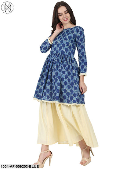 Blue Printed 3/4Th Sleeve Cotton Anarkali Kurta With Beige Flared Skirt