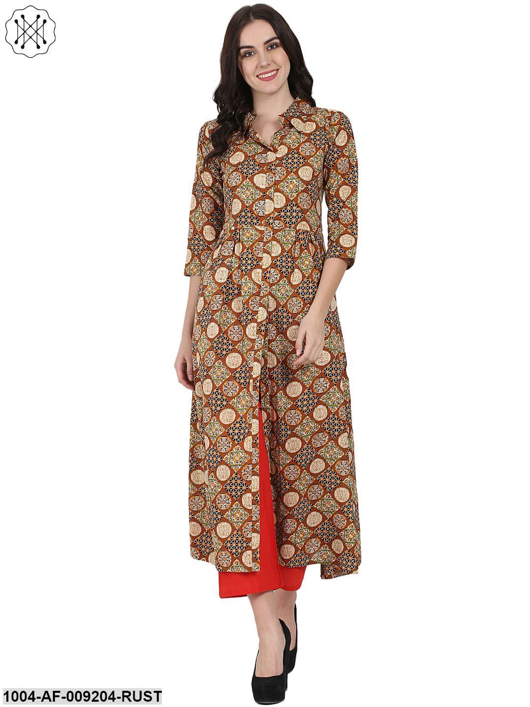 Rust Printed 3/4Th Sleeve Cotton A-Line Kurta With Red Tulip Pant