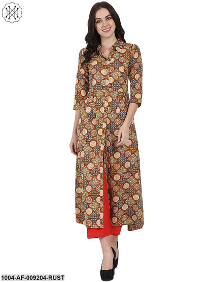 Rust Printed 3/4Th Sleeve Cotton A-Line Kurta With Red Tulip Pant