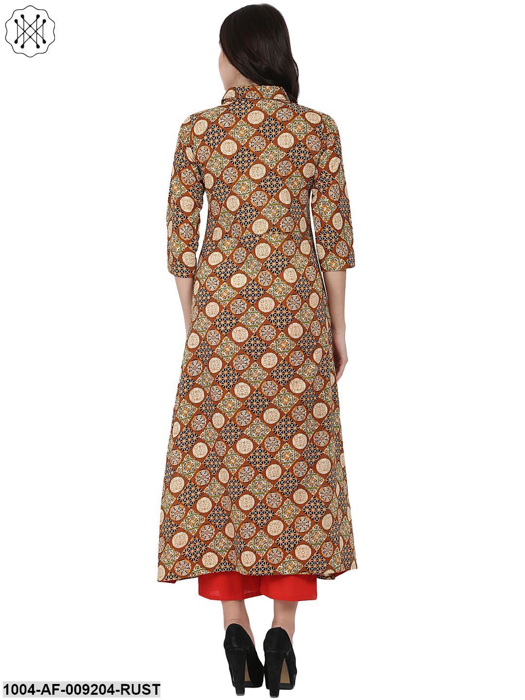 Rust Printed 3/4Th Sleeve Cotton A-Line Kurta With Red Tulip Pant