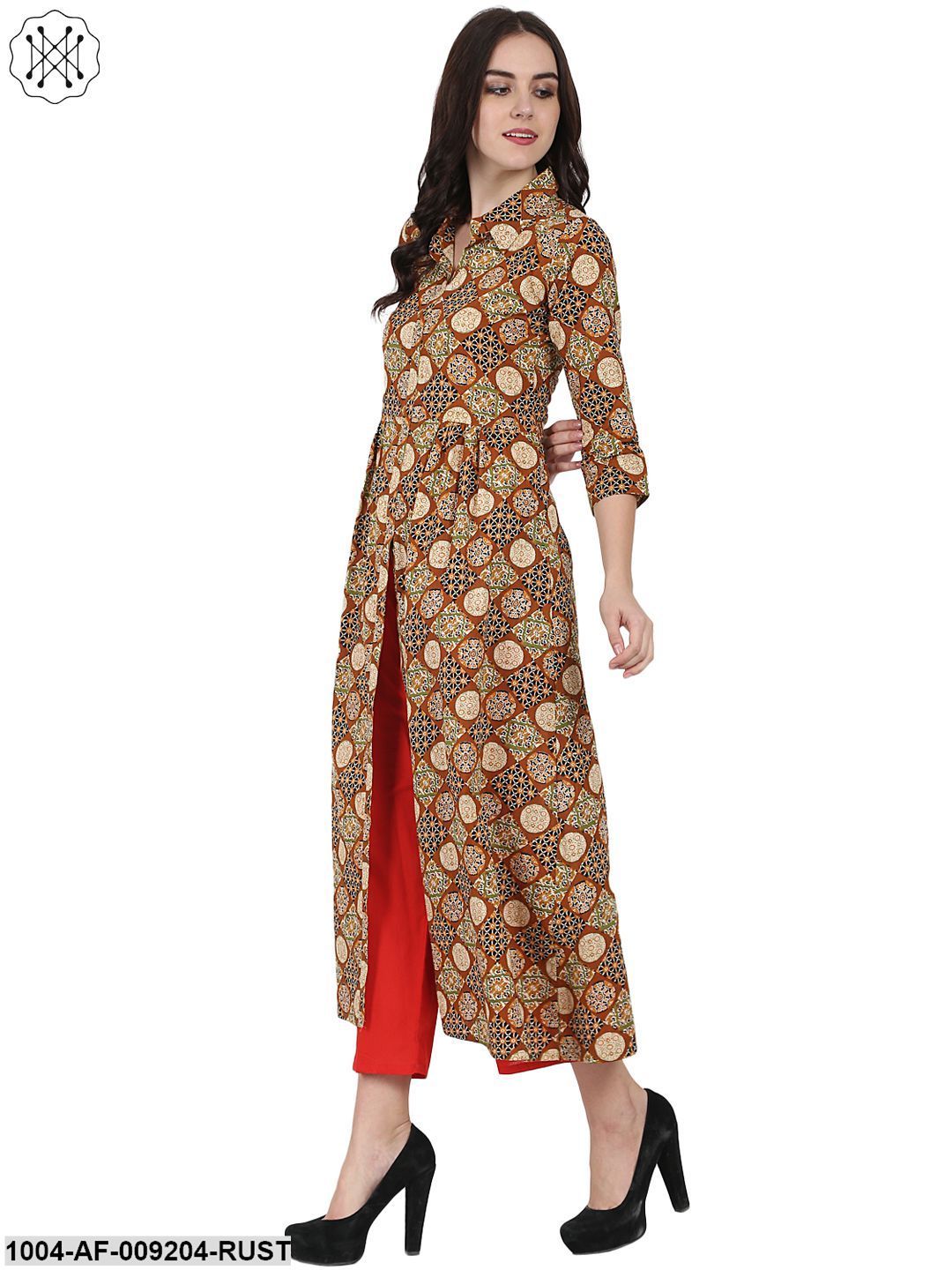 Rust Printed 3/4Th Sleeve Cotton A-Line Kurta With Red Tulip Pant