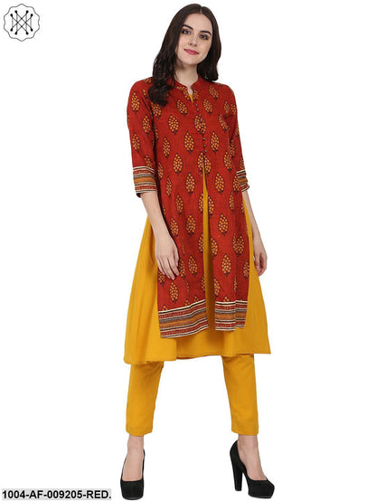 Red & Yellow Printed 3/4Th Sleeve Cotton Double Layer A-Line Kurta With Yellow Ankle Length Palazzo