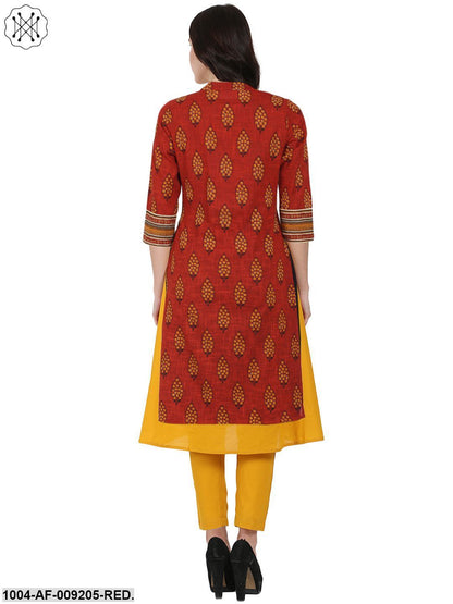 Red & Yellow Printed 3/4Th Sleeve Cotton Double Layer A-Line Kurta With Yellow Ankle Length Palazzo