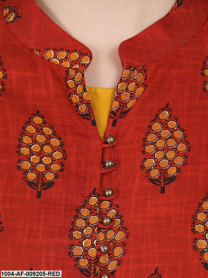 Red & Yellow Printed 3/4Th Sleeve Cotton Double Layer A-Line Kurta With Yellow Ankle Length Palazzo
