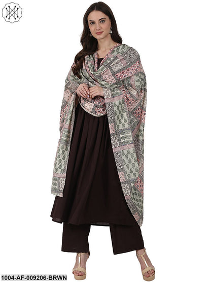 Coffee 3/4 Sleeve Anarkali Kurta With Ankle Length Plazzo & Printed Dupatta