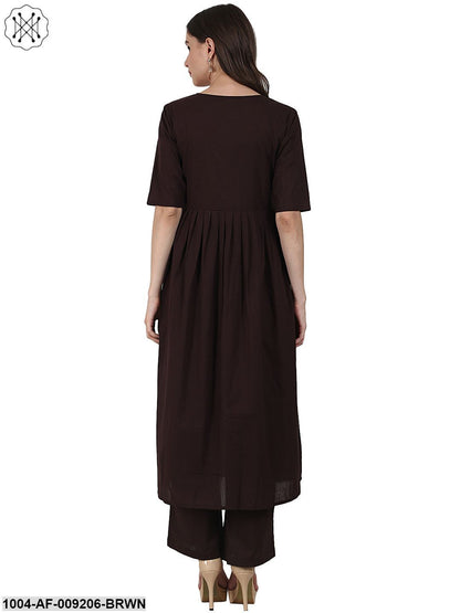 Coffee 3/4 Sleeve Anarkali Kurta With Ankle Length Plazzo & Printed Dupatta
