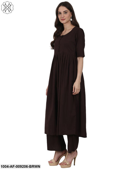 Coffee 3/4 Sleeve Anarkali Kurta With Ankle Length Plazzo & Printed Dupatta