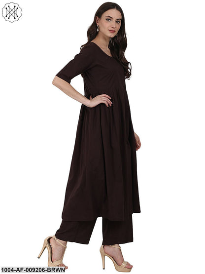Coffee 3/4 Sleeve Anarkali Kurta With Ankle Length Plazzo & Printed Dupatta