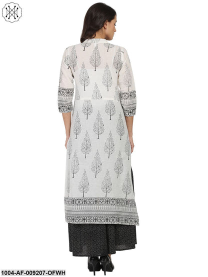 Off White Printed 3/4Th Sleeve Cotton Kurta With Black Printed Skirt