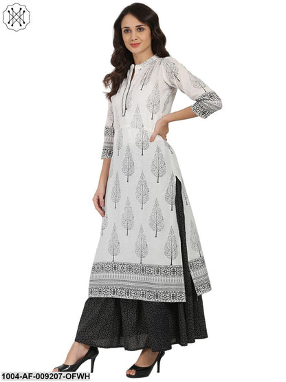 Off White Printed 3/4Th Sleeve Cotton Kurta With Black Printed Skirt