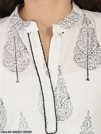 Off White Printed 3/4Th Sleeve Cotton Kurta With Black Printed Skirt