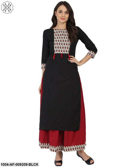 Black 3/4Th Sleeve Cotton Kurta With Maroon Flared Skirt