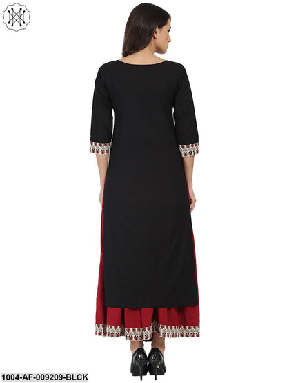 Black 3/4Th Sleeve Cotton Kurta With Maroon Flared Skirt