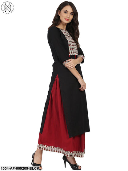 Black 3/4Th Sleeve Cotton Kurta With Maroon Flared Skirt