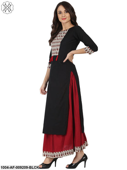 Black 3/4Th Sleeve Cotton Kurta With Maroon Flared Skirt