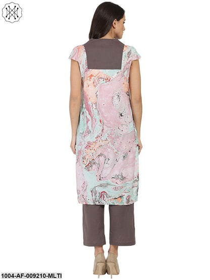 Multi Marbal Printed Cotton Sleeveless Kurta With Grey Palazzo