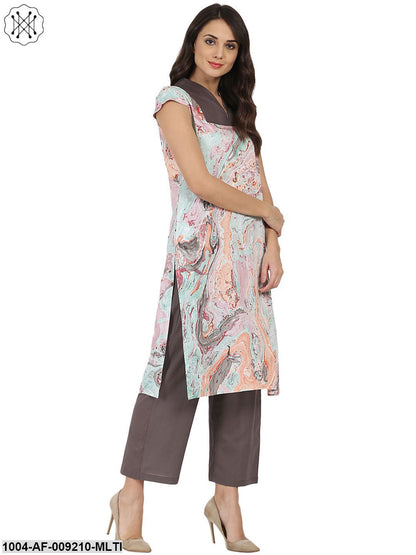 Multi Marbal Printed Cotton Sleeveless Kurta With Grey Palazzo