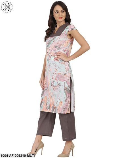 Multi Marbal Printed Cotton Sleeveless Kurta With Grey Palazzo