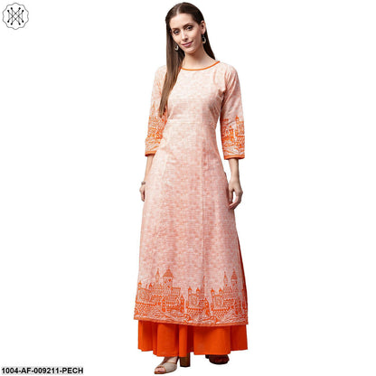 Peach Printed 3/4Th Sleeve Cotton A-Line Kurta With Orange Skirt