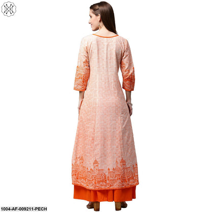 Peach Printed 3/4Th Sleeve Cotton A-Line Kurta With Orange Skirt