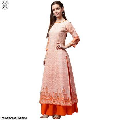 Peach Printed 3/4Th Sleeve Cotton A-Line Kurta With Orange Skirt