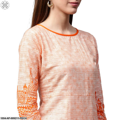 Peach Printed 3/4Th Sleeve Cotton A-Line Kurta With Orange Skirt