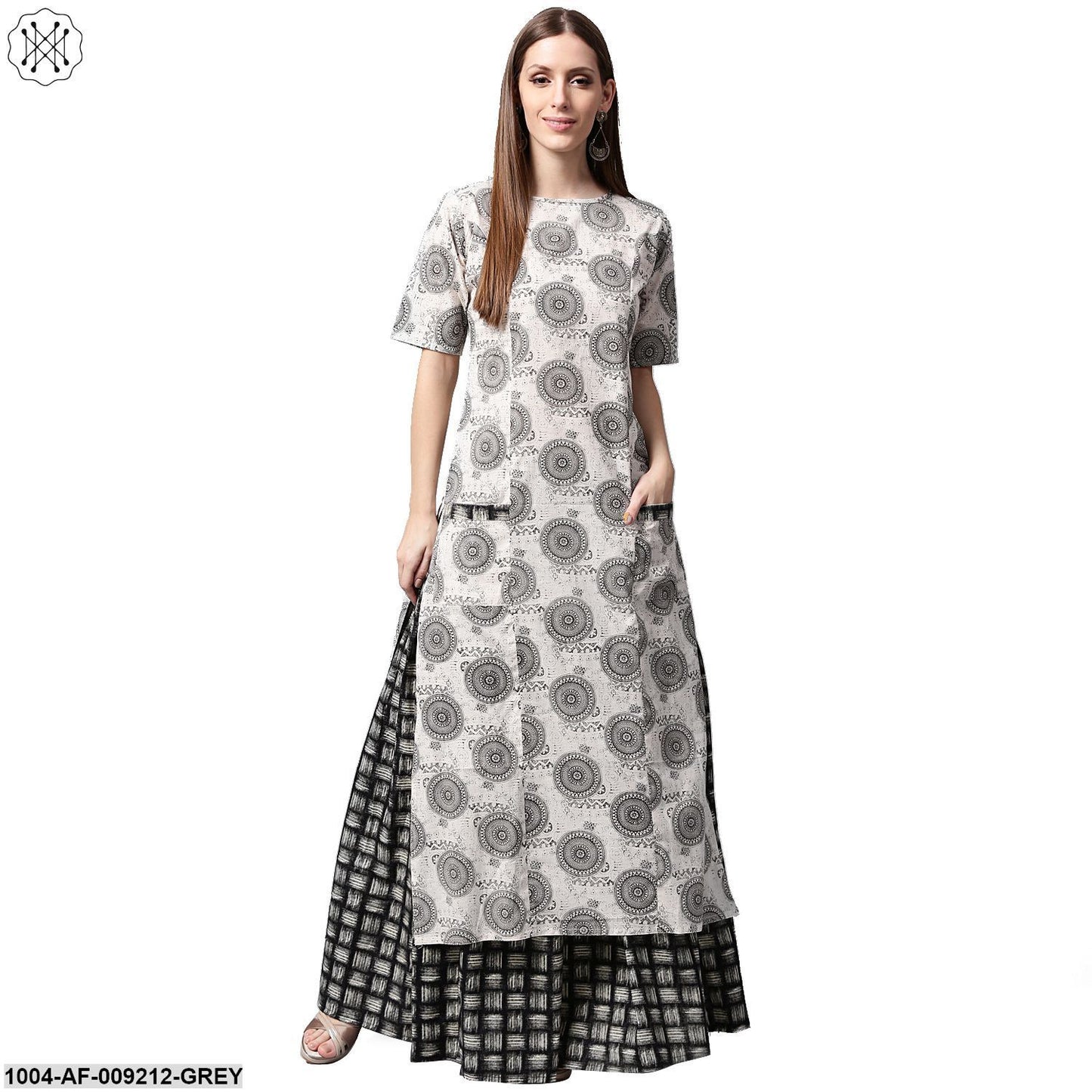 Grey Printed Half Sleeve Cotton Kurta With Black Printed Skirt