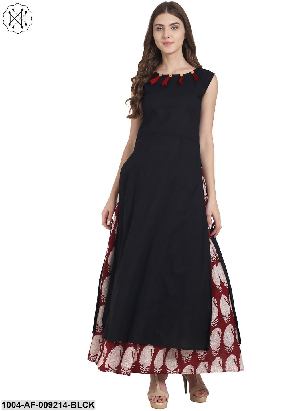 Black Cotton Sleeveless Kurta With Red Printed Skirt
