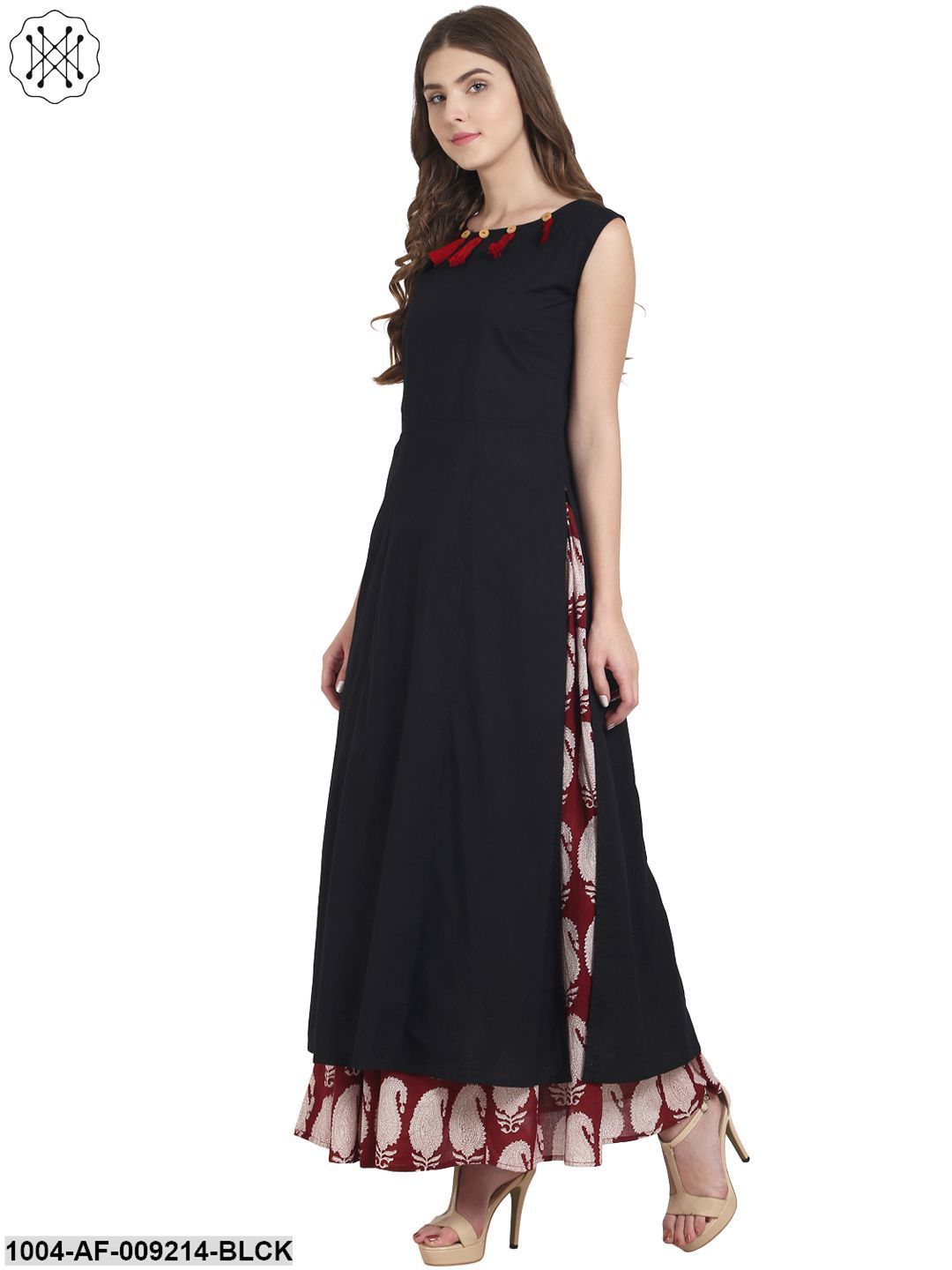 Black Cotton Sleeveless Kurta With Red Printed Skirt