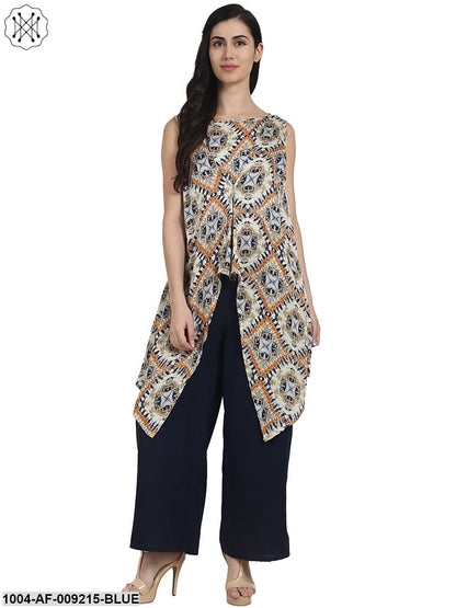 Blue Printed Crepe Sleeveless Assymetric Kurta With Navy Blue Palazzo