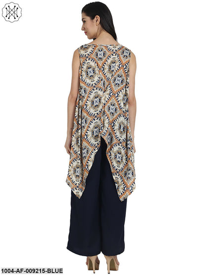 Blue Printed Crepe Sleeveless Assymetric Kurta With Navy Blue Palazzo
