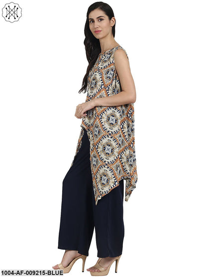Blue Printed Crepe Sleeveless Assymetric Kurta With Navy Blue Palazzo