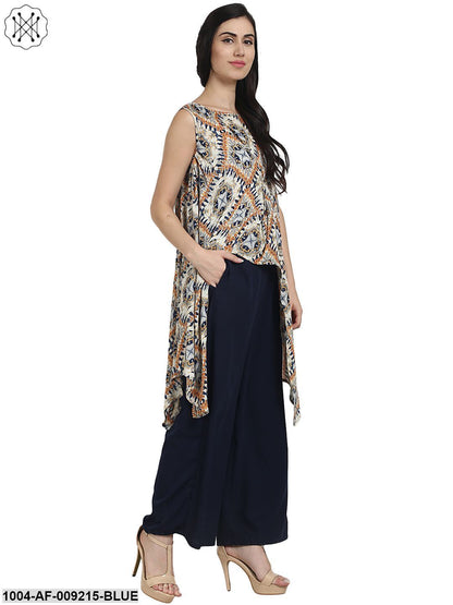 Blue Printed Crepe Sleeveless Assymetric Kurta With Navy Blue Palazzo