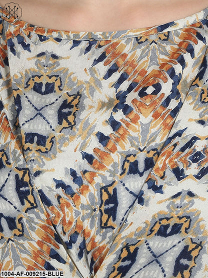 Blue Printed Crepe Sleeveless Assymetric Kurta With Navy Blue Palazzo