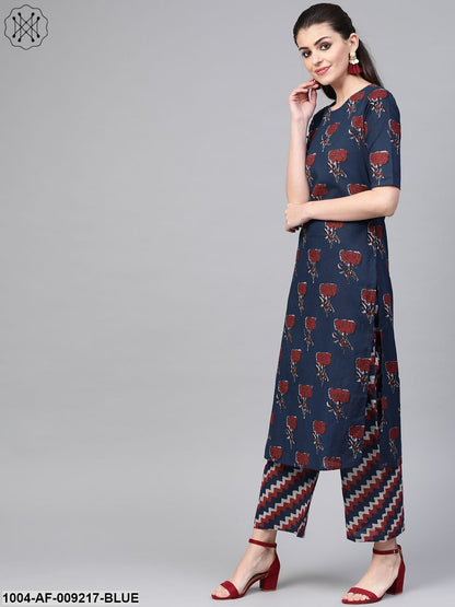 Women Blue & Red Straight Floral Printed Kurta And Palazzos Set