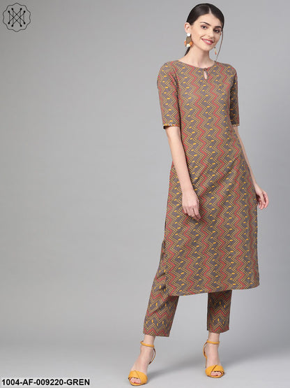 Women Green & Red Straight Geometric Printed Kurta And Palazzos Set