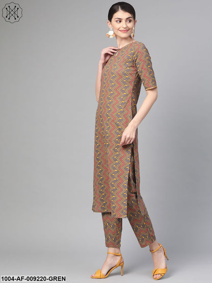 Women Green & Red Straight Geometric Printed Kurta And Palazzos Set